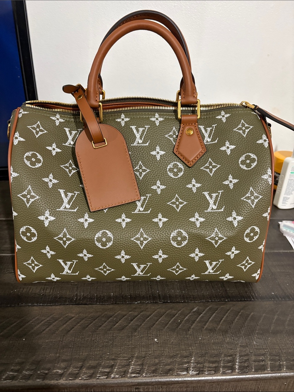 Olive Green Monogram Speedy Bag with Tan Trim